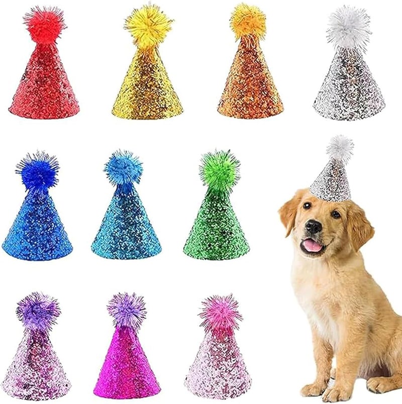 Cellcacn 10 Pcs Dog Birthday Hat Set for Small Medium Dogs Cat Puppies, Mini Party Hat with Adjustable Headbands, Cute Pet Hat with Pompons for Birthday Christmas Party Decoration Accessories (Large 5 Inch) - Image 1